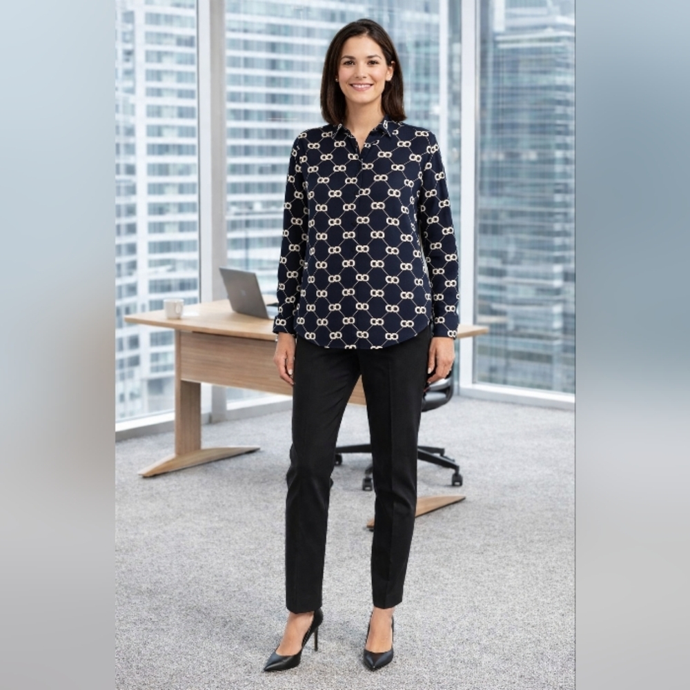 Cotton Button Up Career Blouse Women's L Long Sleeve Black Tan Soft Comfy